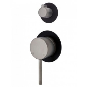Kaya Wall Diverter Mixer, Brushed Nickel, Small Round Matte Black Plates
